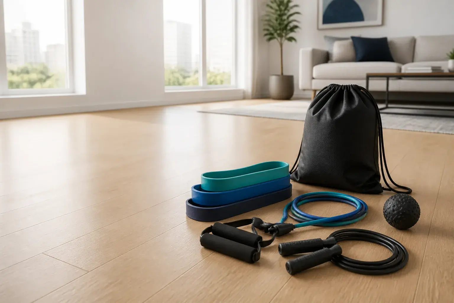 Compact fitness gear arranged in a bright apartment